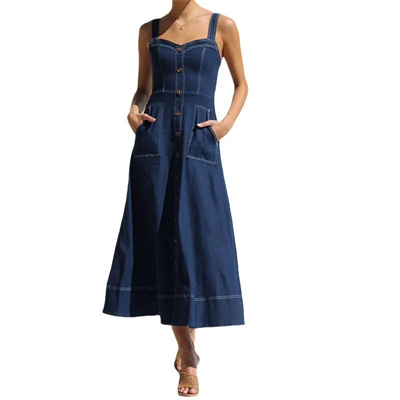 Button Denim Long Dress | Comfortable cotton dress