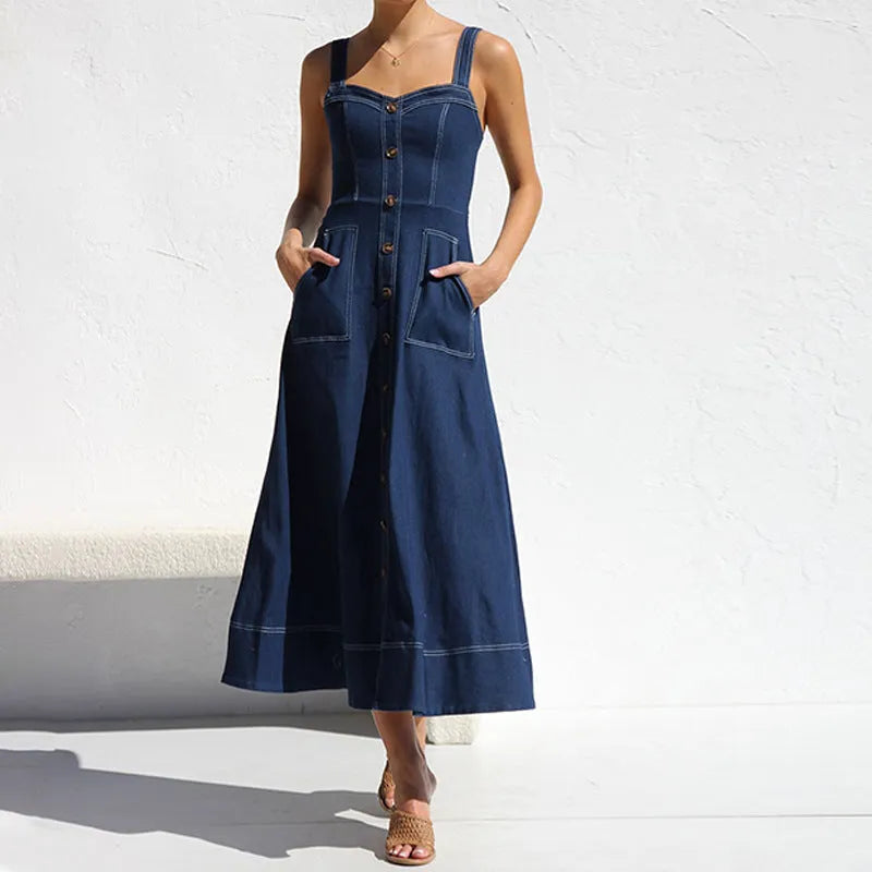 Button Denim Long Dress | Comfortable cotton dress