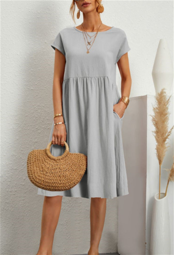 🔥Summer Hot Sale🔥 Elegant Cotton Round neck pocket cotton dress – Effortless Style