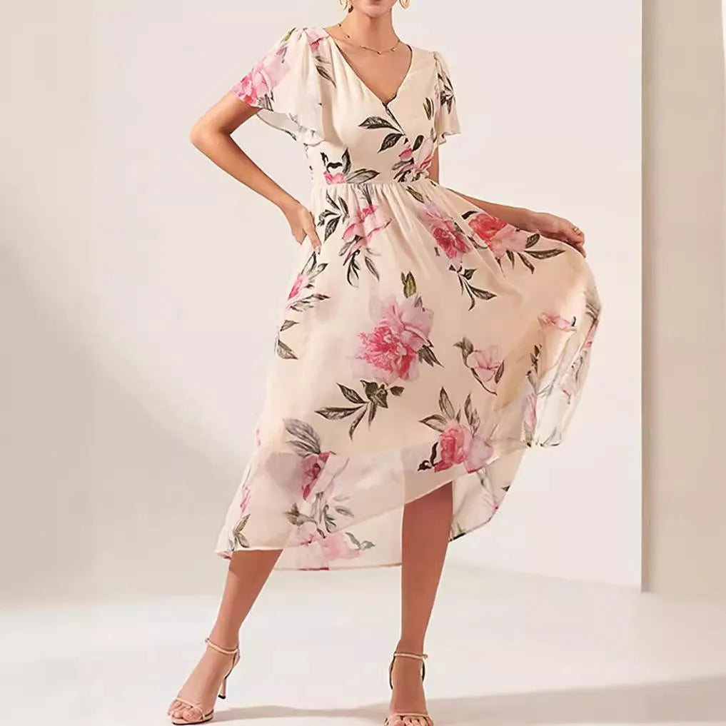 Flower V-neck Mid-length Slim-fit Dress