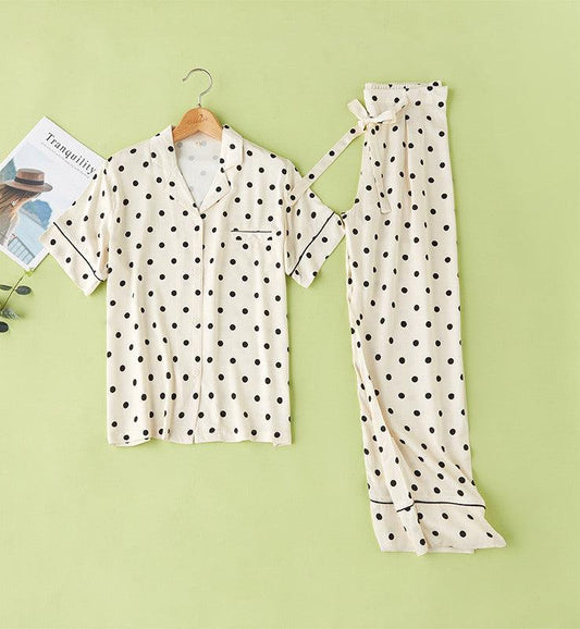 Cotton Satin Yellow Bottom Polka Dot Lapel Pajama Set - Aspire Shop