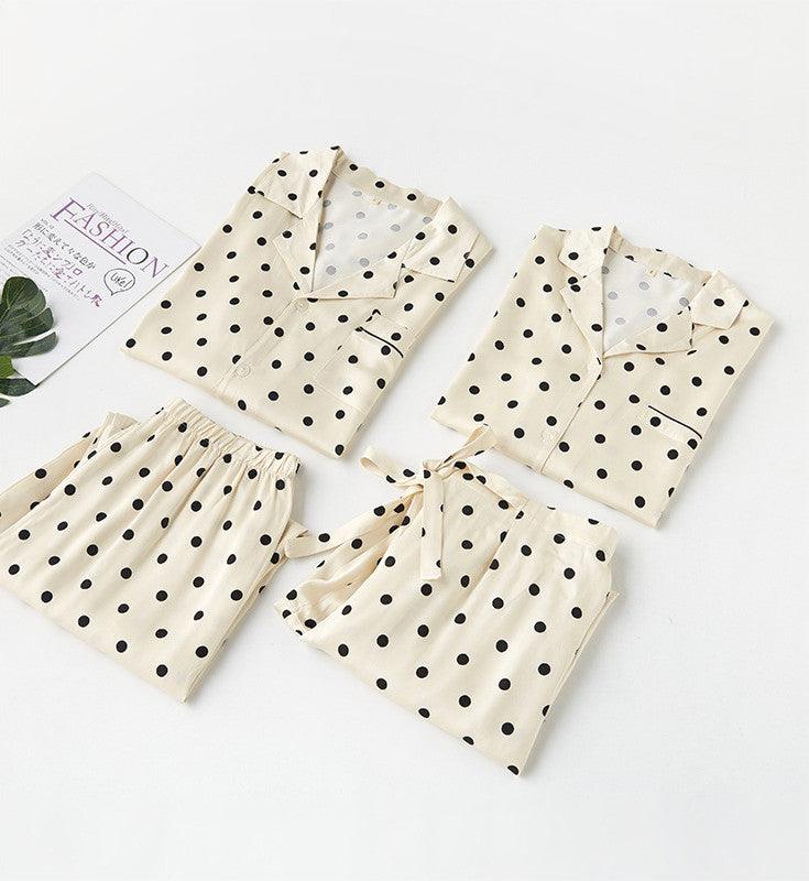 Cotton Satin Yellow Bottom Polka Dot Lapel Pajama Set - Aspire Shop