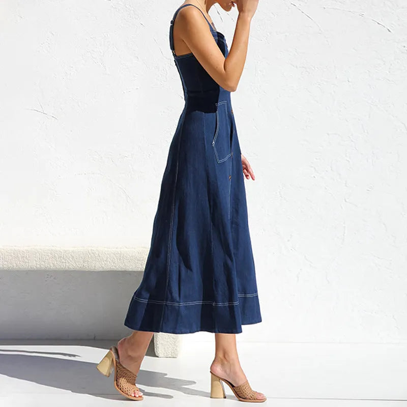 Button Denim Long Dress | Comfortable cotton dress