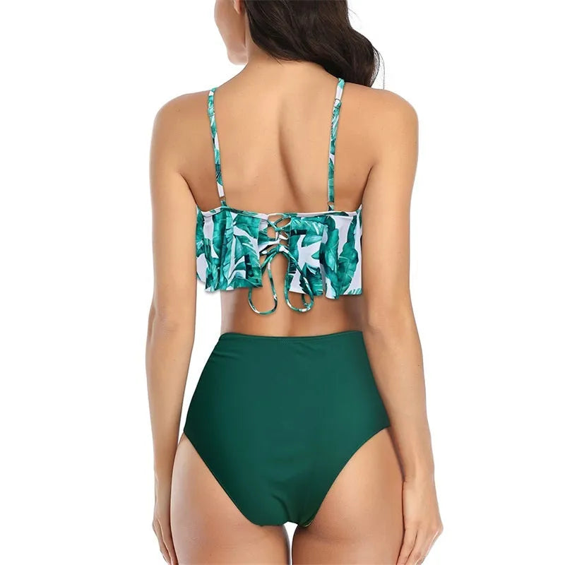 Double Layer Lotus Leaf Tropical Rain Forest High Waist Split Swimsuit