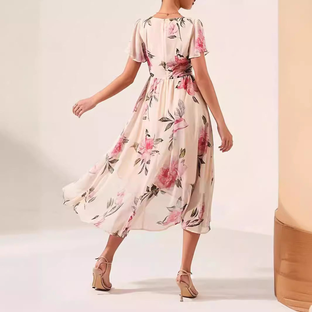 Flower V-neck Mid-length Slim-fit Dress