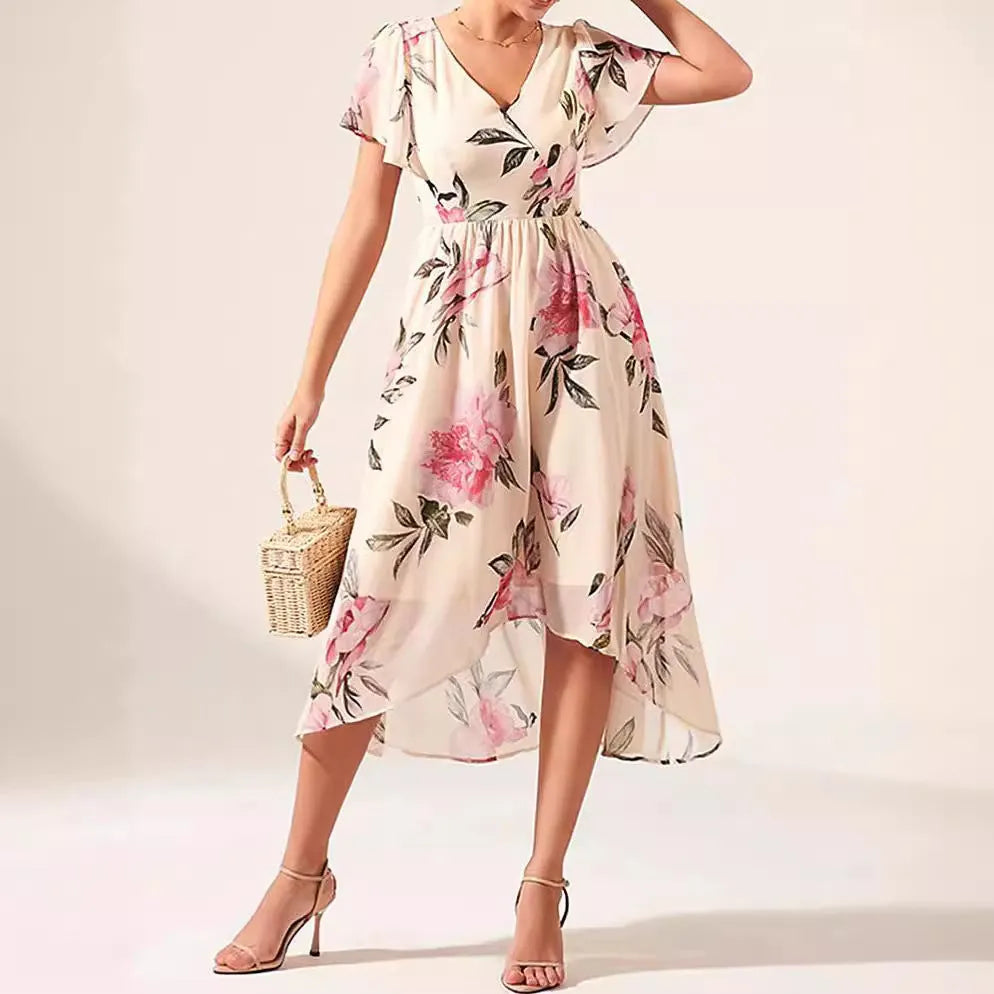 Flower V-neck Mid-length Slim-fit Dress