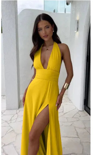 Evian Sexy Halterneck V-neck Slit Dress Summer | Comfortable, high quality