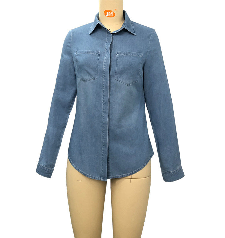 Lapel Denim Shirt Washed Retro Slim Top | Cotton