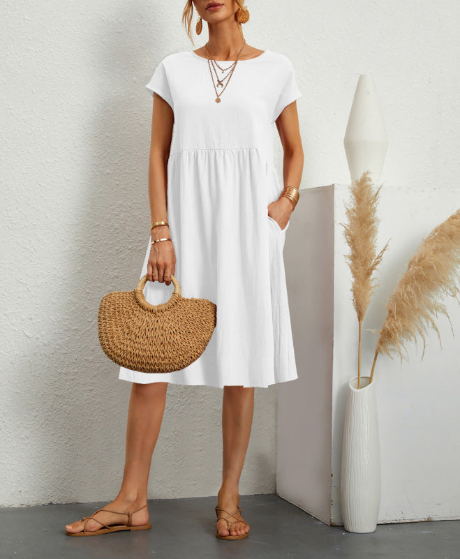 🔥Summer Hot Sale🔥 Elegant Cotton Round neck pocket cotton dress – Effortless Style