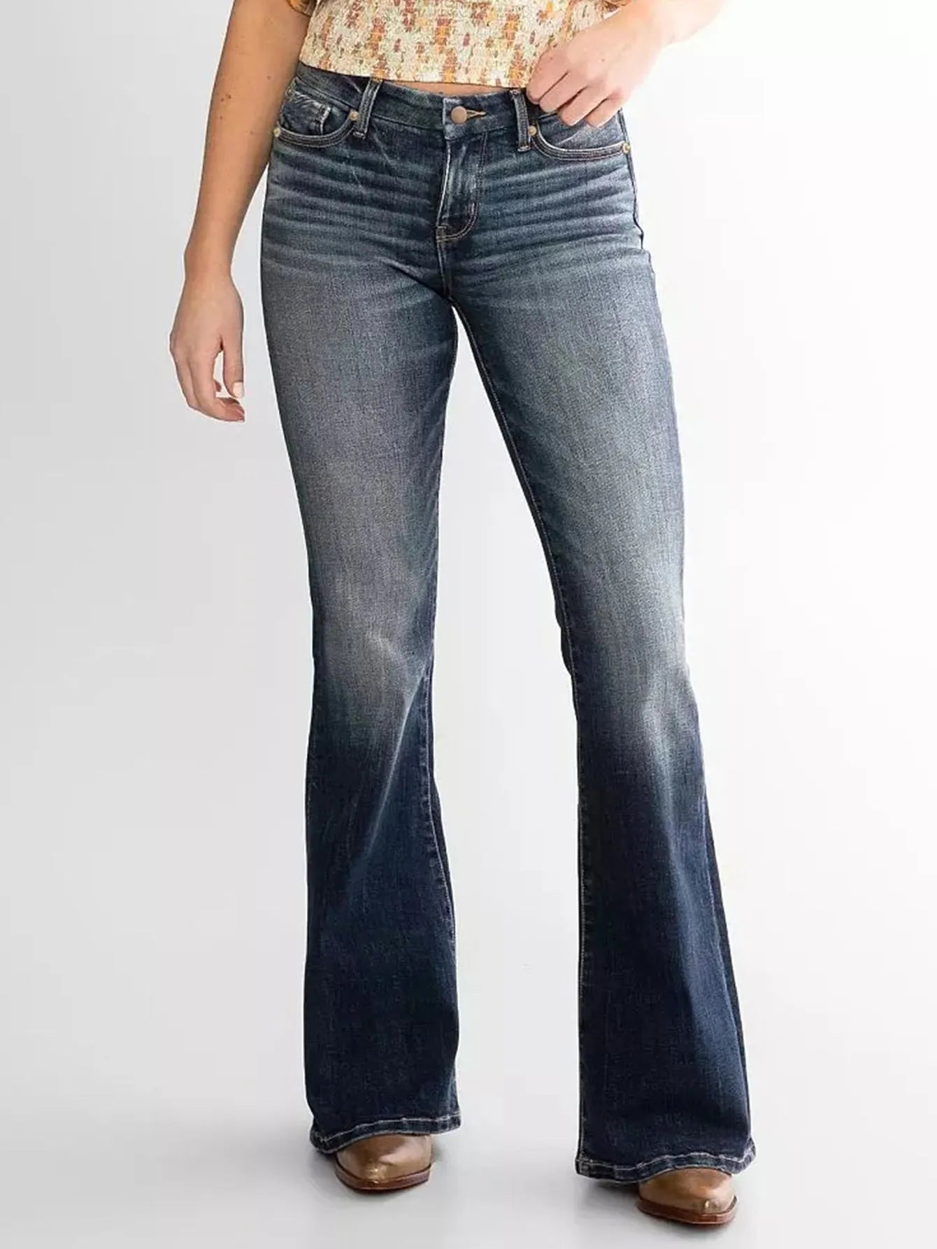 Denim Cotton Ladies Mid Waist Slim Fit Stretch Retro Flared Jeans