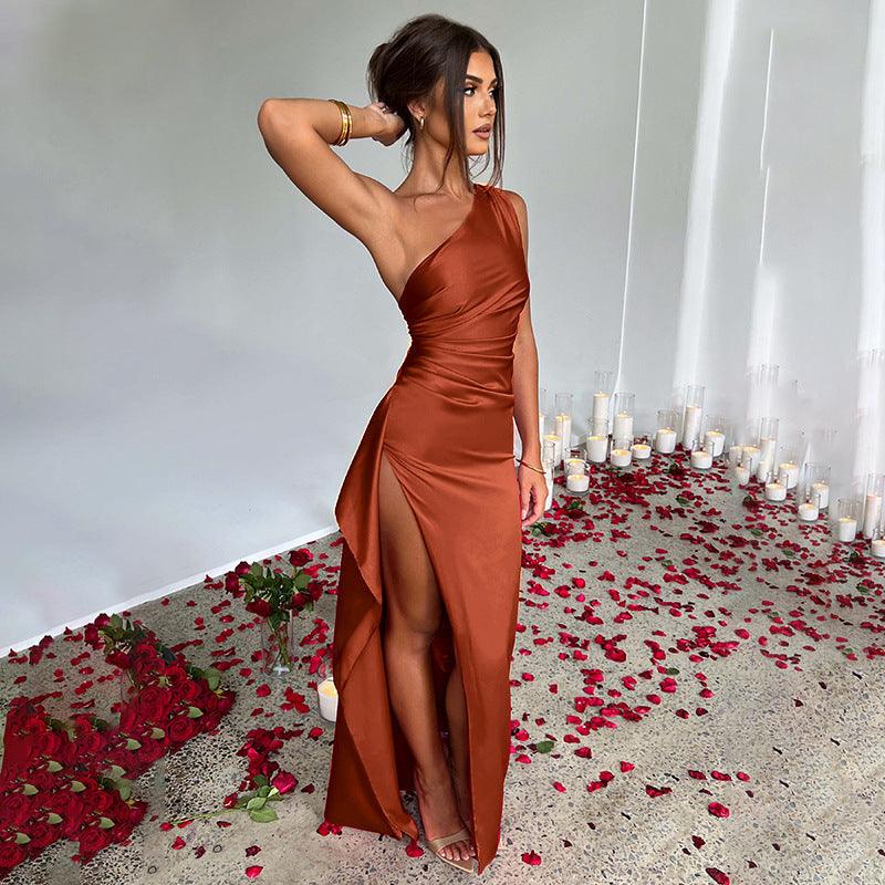 EleganzaLuxe™: Sophisticated Satin One-Shoulder Split Dress | ⭐⭐⭐⭐⭐ - Aspire Shop