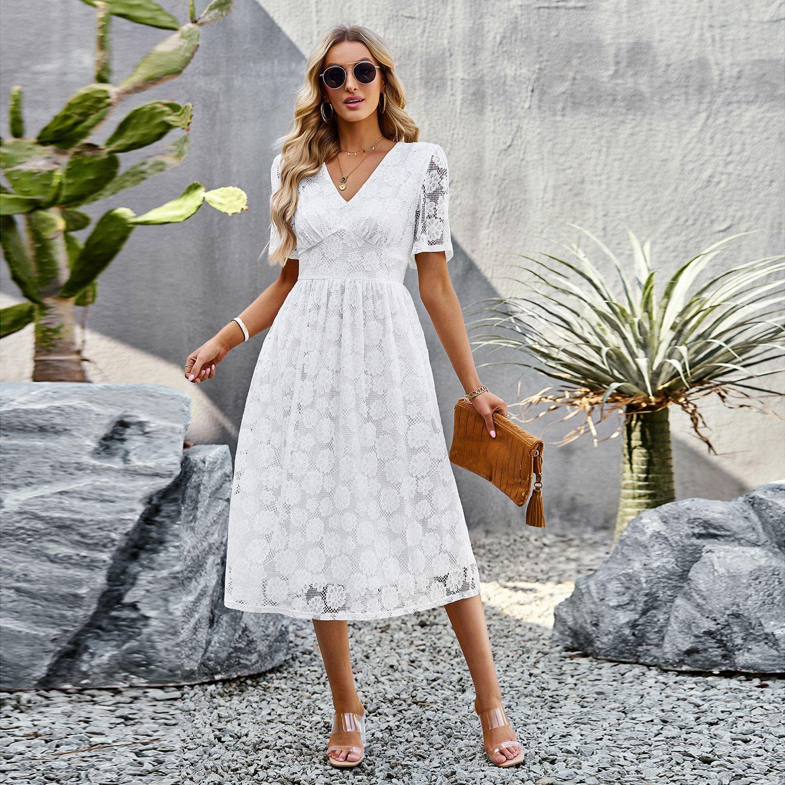 Fashion V-neck Lace Dress Summer Elegant Short Sleeve Long Dresses For Women - Aspire Shop