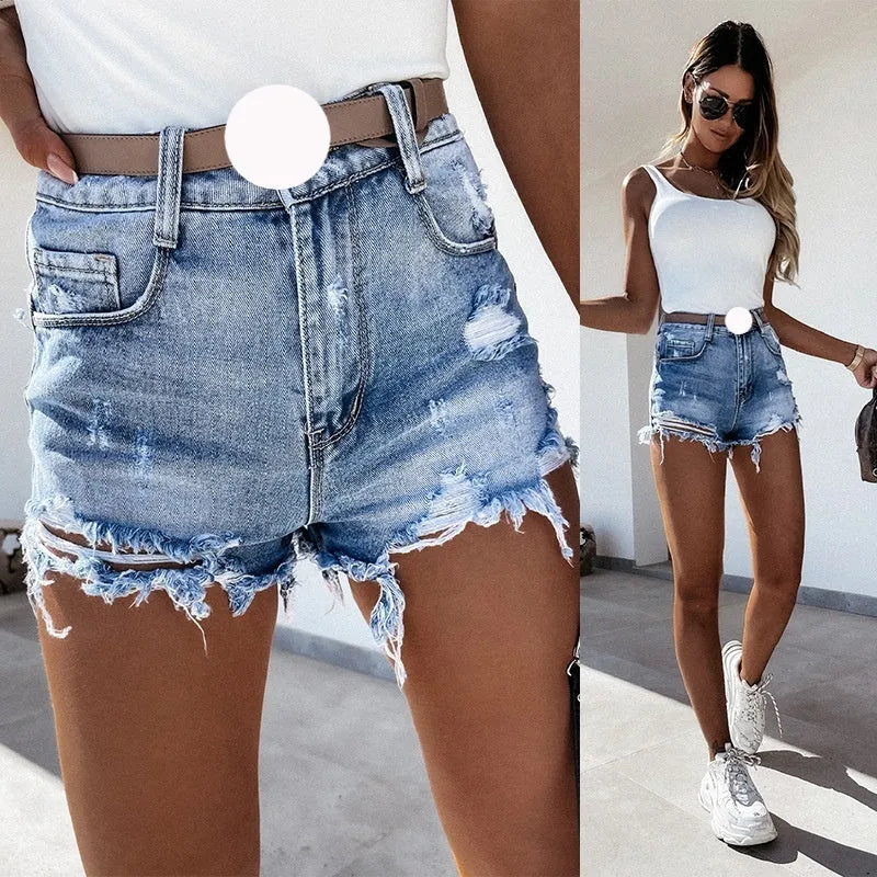 Ladies High Waist Cotton Jeans | Ripped Washed Tassel Sexy Slim Fit Slimming Denim Shorts