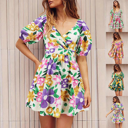 Flowers Print V-Neck Lantern-sleeve Dress Y2K Summer Vacation Beach Short Dresses Fashion Womens Clothing - Aspire Shop