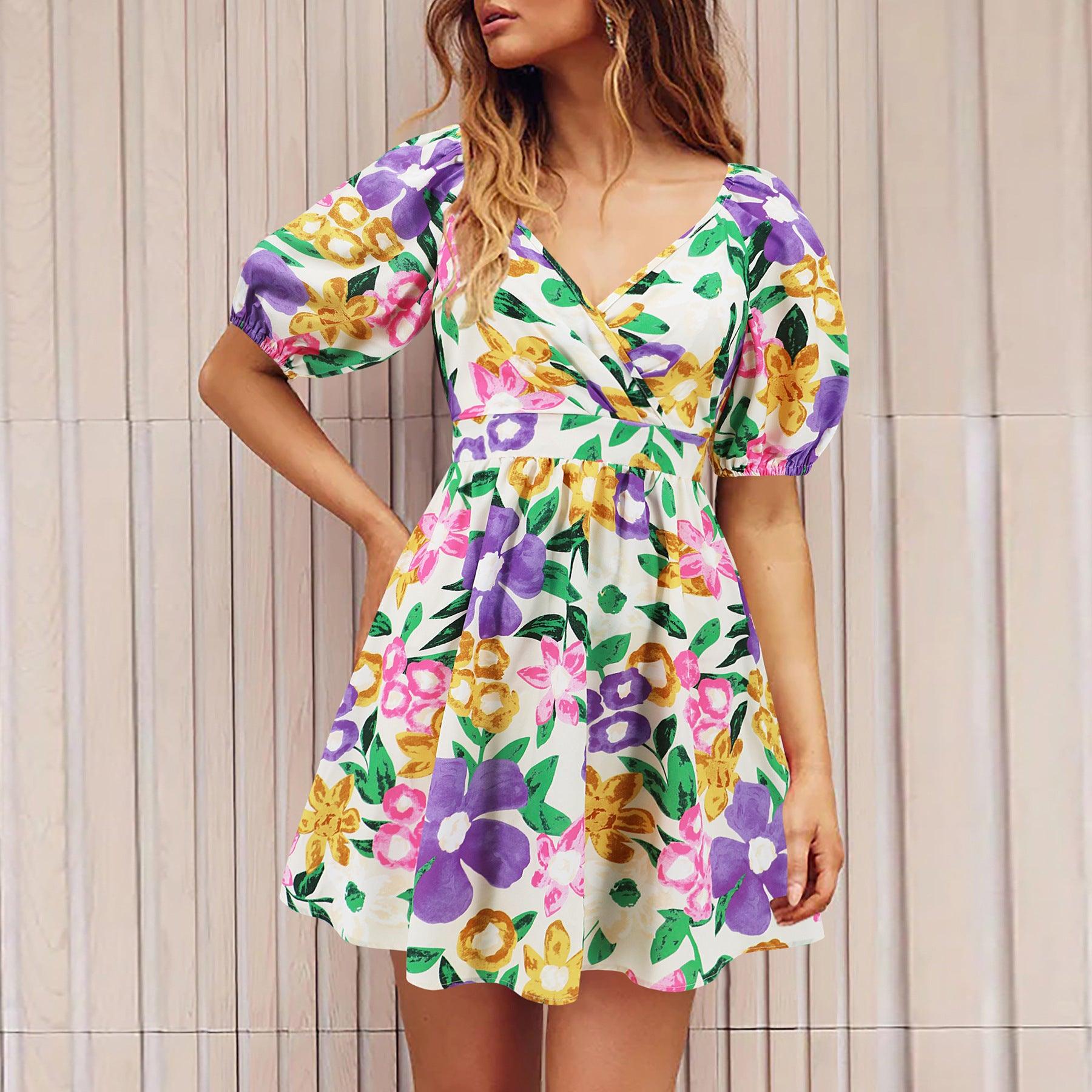 Flowers Print V-Neck Lantern-sleeve Dress Y2K Summer Vacation Beach Short Dresses Fashion Womens Clothing - Aspire Shop