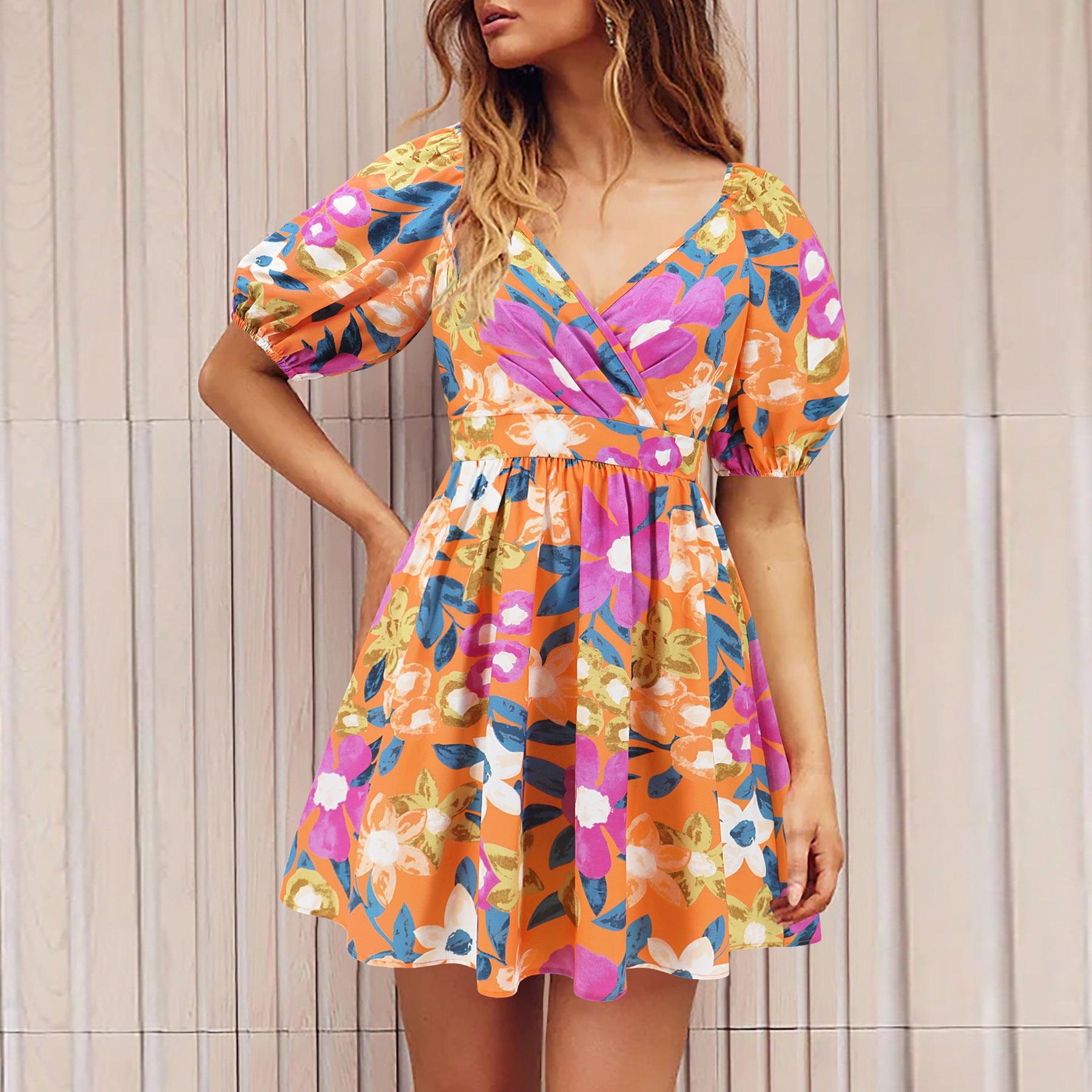 Flowers Print V-Neck Lantern-sleeve Dress Y2K Summer Vacation Beach Short Dresses Fashion Womens Clothing - Aspire Shop