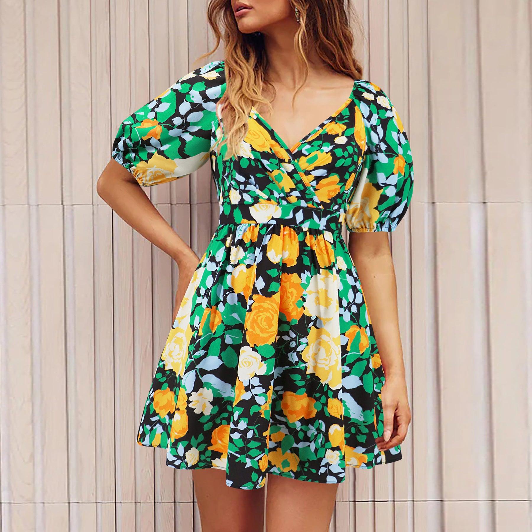 Flowers Print V-Neck Lantern-sleeve Dress Y2K Summer Vacation Beach Short Dresses Fashion Womens Clothing - Aspire Shop