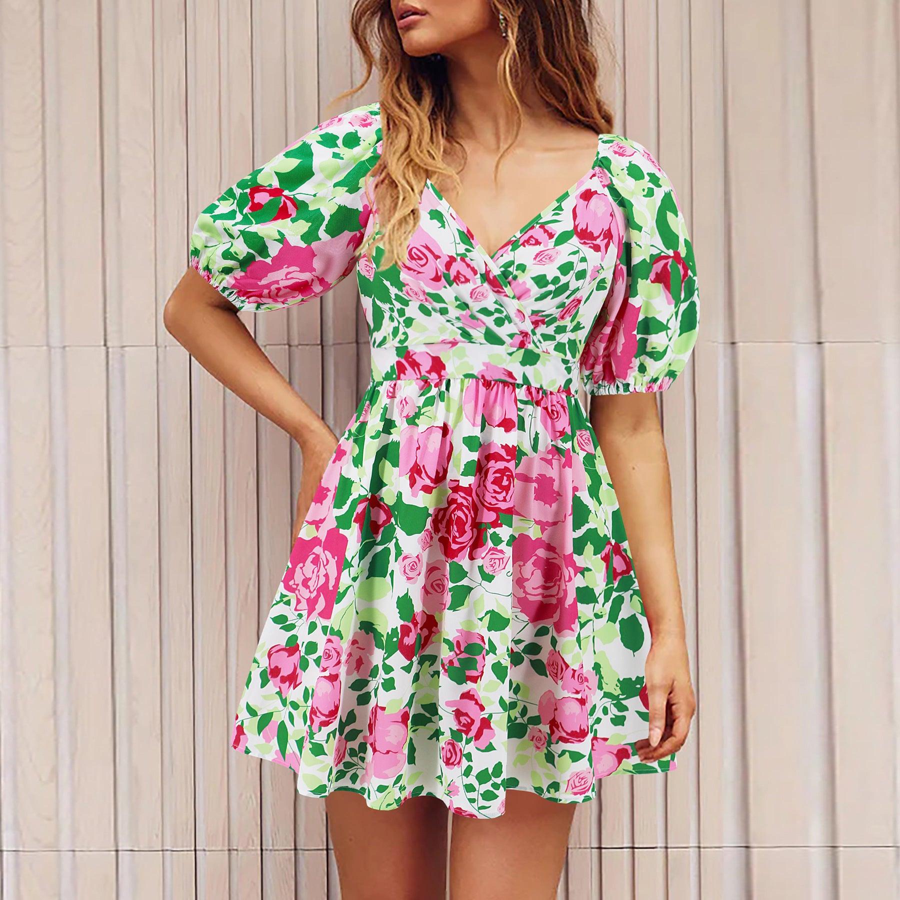 Flowers Print V-Neck Lantern-sleeve Dress Y2K Summer Vacation Beach Short Dresses Fashion Womens Clothing - Aspire Shop