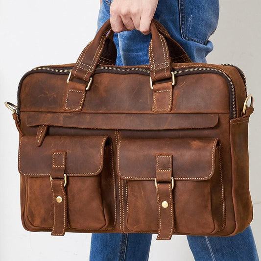 Genuine men''s bags retro men''s business bags briefcase cowhide oblique Bag 15.6 inch Laptop Bag | Luxury leather bag - Aspire Shop