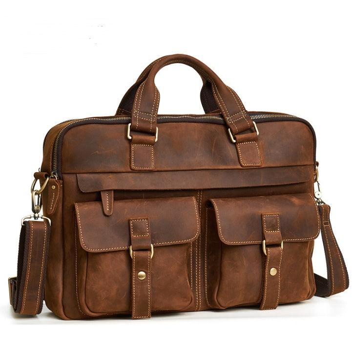 Genuine men''s bags retro men''s business bags briefcase cowhide oblique Bag 15.6 inch Laptop Bag | Luxury leather bag - Aspire Shop